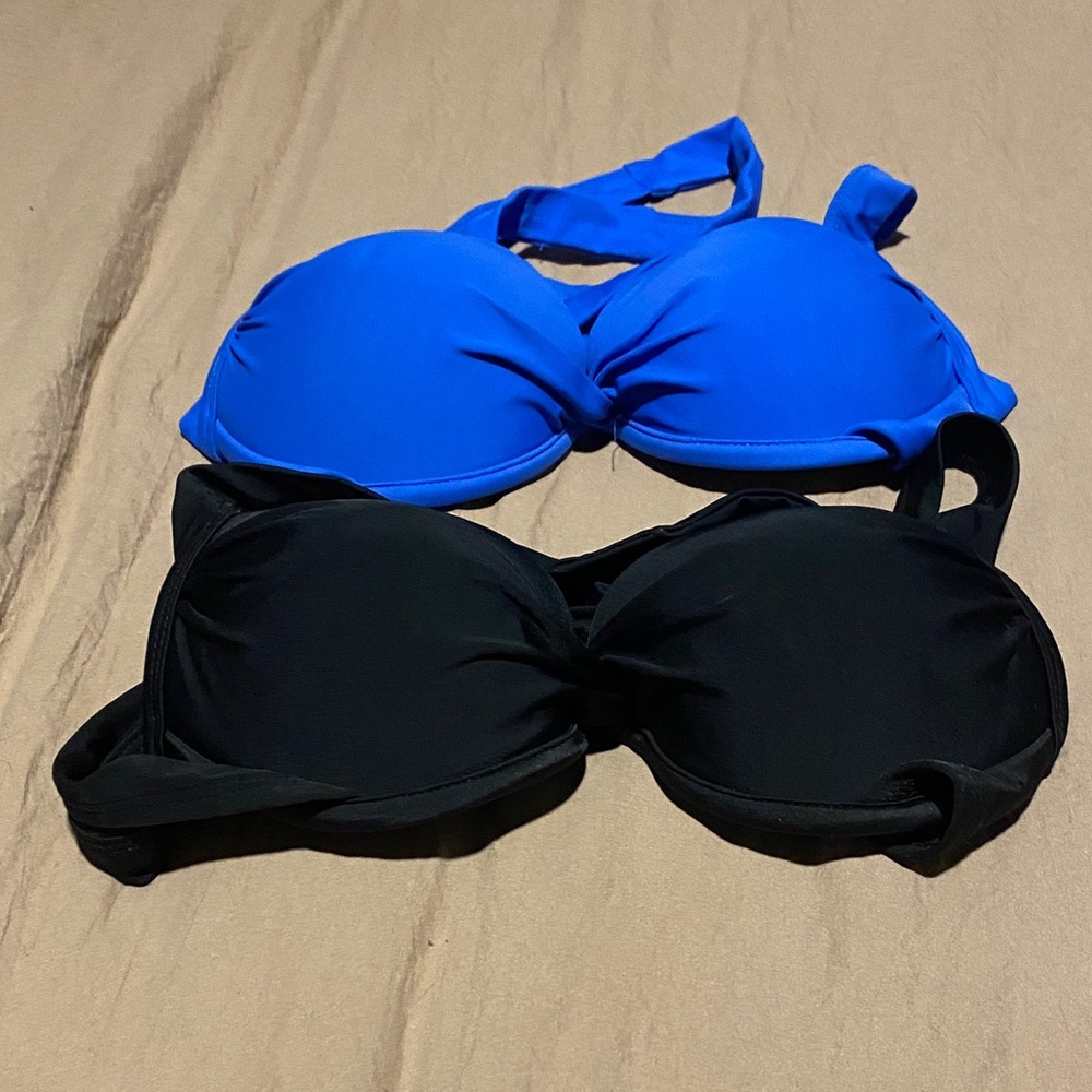 Blue and Black Women's Swim Top Set